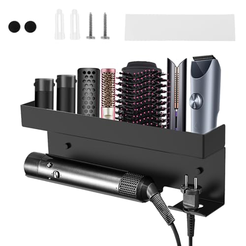 Föhnhalter Wand Ohne Bohren, Haartrocknerhalter Wandhalterung Föhn Halterung Luftfahrtaluminium Dediziertem Steckschlitz Dual Layer Dicked Haarwerkzeug Organizer für Haushaltsfrisur Badezimmer von SUPPUIMNT