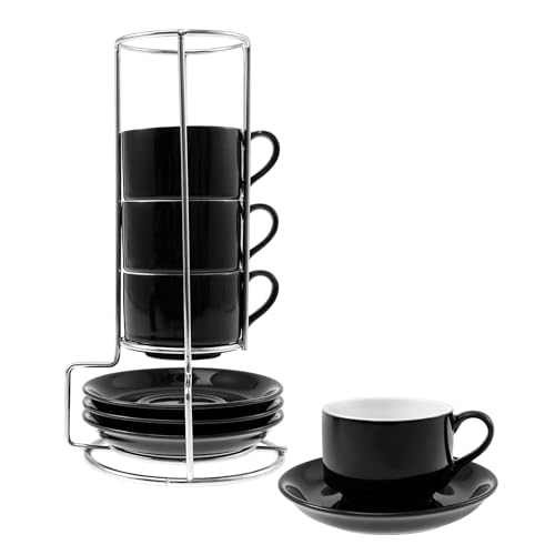 Porzellan Espressotassen, Keramik Cappuccino Tassen 4er Set Kaffeebecher Keramik Kaffeetassen mit Unterteller Metallständer für Kaffeegetränke Latte Americano Tee(A) von SUPPUIMNT
