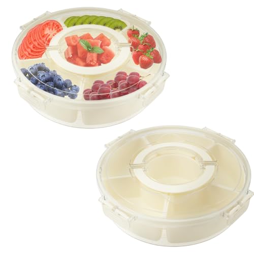 SUPPUIMNT 2 Stück Snackbox mit 6 Fächern, Transparente Snackteller mit Deckel und Griff, Snack Spinner Tragbar Snackschale Organizer Aufbewahrungsbox für Süßigkeiten Obst Keksen Dessert Gemüse Nüsse von SUPPUIMNT