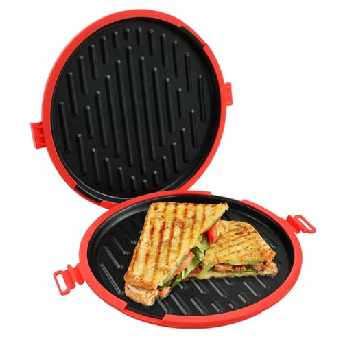 SUPPUIMNT Mikrowellen Grillpfanne, Mikrowellengrillpfanne mit Silikon Verbrichthülle Effiziente Gleichmäßige Erwärmen Nicht Stick Beschichtung für Sandwichwurst Backen AntihaftPfanne mit Deckel von SUPPUIMNT