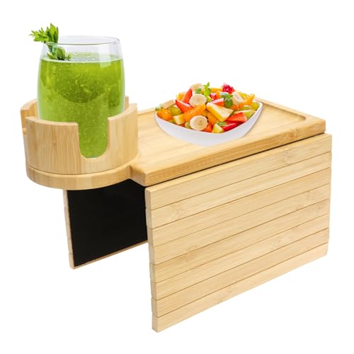 SUPPUIMNT Sofatablett Armlehne, Natural Bamboo Sofa Tablett Armlehne Faltbarer Rutschfestes Couch Sofalehne Ablage Armlehnentablett mit Getränkehalter für Snacks Handy von SUPPUIMNT