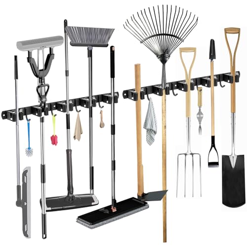 2 Stück Besenhalterung Wand, 10 Halter + 8 Haken Schwerlast Gerätehalter Selbstklebend, Gartengerätehalter aus Edelstahl, Besen Mop Halter Wandhalterung für Küche, Badezimmer, Garage, Garten, Schwarz von SUPRBIRD