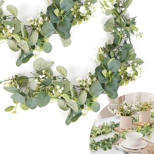 2 Stück Eukalyptus Girlande, Künstliche Pflanze Girlande, 1,8m Hängend Grüne Blätter Deko mit Weiße Blumen, Eukalyptusranke für Hintergrund, Hochzeit Bogen, Tischdeko, Heimdekoration von SUPRBIRD