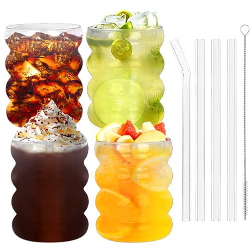 SUPRBIRD Gerippte Trinkgläser, 4er Kaffeegläser, 350ml Bubble Gläser, Gerippte Gläser Set, Universalgläser mit Glasstrohhalmen und Bürsten für Cocktail, Milch, Soda, Kaffee von SUPRBIRD
