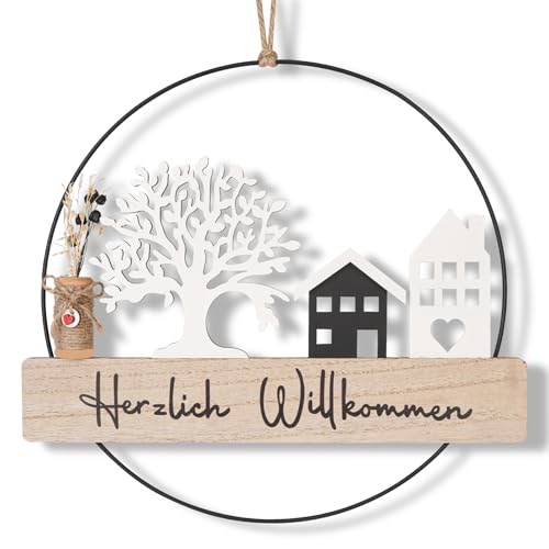 Trockenblumenkranz, Türkranz Häuser, Türkranz Herzlich Willkommen Trockenblumen Fensterdeko Hängedeko Personalisiert Dekokranz mit Willkommensschild Trockenblumen Lebensbaum und Haus (28cm) von SUPRBIRD