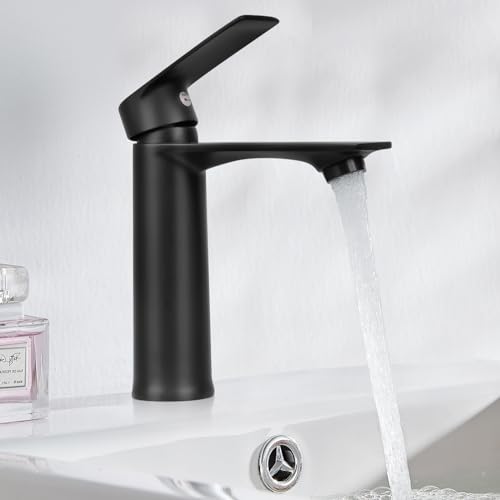 Wasserhahn Bad,Waschtischarmatur Schwarz matt,Waschbeckenarmatur Einhebelmischer,Wascharmatur aus Messing,Waschbecken Armaturen mit Kaltes Warmes Wasser,Für 32-42mm Loch von SUPRBIRD