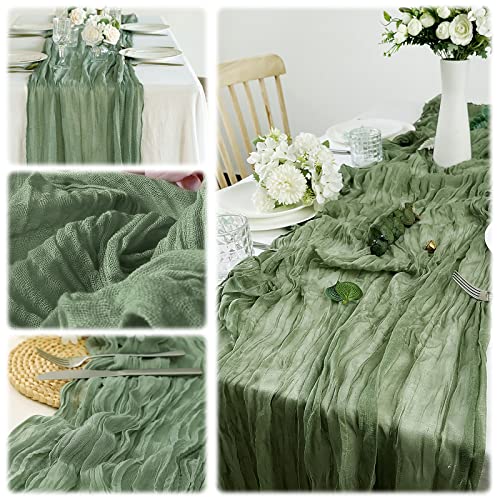 Seihtuch-Tischläufer,90 x 400 cm Rustikaler Gaze-Tischläufer Grün Hochzeitsdekoration Rustikale Salbeigrüne Tischdecke,Seihtuch Tischläufer Tischdeko Romantische Hochzeit von SUPRROW