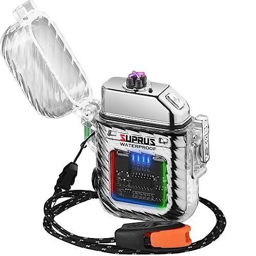 SUPRUS Leuchtfeuerzeug 3-Modi der Taschenlampe Winddichtes Wasserdichtes Feuerzeug Elektrische Feuerzeuge Wiederaufladbare Dual Arc Plasma Feuerzeug mit Überlebens Notfallpfeife und Lanyard von SUPRUS