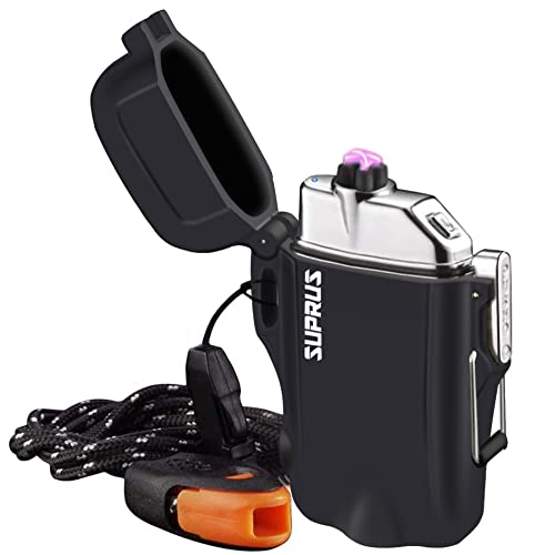 SUPRUS Wasserdichtes 3 Modi der Taschenlampe Winddichtes Feuerzeug Doppelbogen-Feuerzeuge Wiederaufladbares Doppelbogen-Plasma-Feuerzeug mit Survival-Notpfeife und Lanyard von SUPRUS