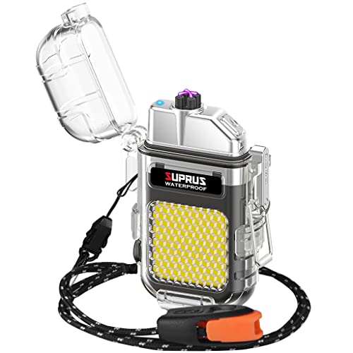 SUPRUS Wasserdichtes Leuchtfeuerzeug, 3 Modi, Taschenlampe, Winddicht, Doppelbogen, elektrisches Feuerzeug, wiederaufladbar, Dual Arc Plasma-Feuerzeug mit Überlebens-Notfall-Pfeife und Umhängeband von SUPRUS