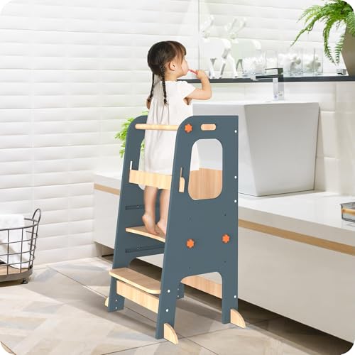 SUPTIDY Montessori-Lernturm aus Holz – Höhenverstellbarer Küchenhocker (3 Stufen) mit rutschfesten Füßen & Sicherheitsbügel – Für Kinder 1,5–5 Jahre, Dunkelblau von SUPTIDY