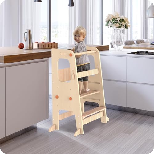 SUPTIDY Montessori-Lernturm aus Holz – Höhenverstellbarer Küchenhocker (3 Stufen) mit rutschfesten Füßen & Sicherheitsbügel – Für Kinder 1,5–5 Jahre, Naturholz von SUPTIDY