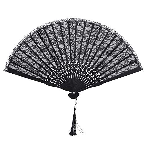 SUPYINI Doppellagiger Vintage-Handfaltfächer Im Janpanese-Stil mit Spitze für Frauen, Performance-Geschenke, Party-Dekoration, Requisite (schwarzer Stab, schwarze Spitze) von SUPYINI