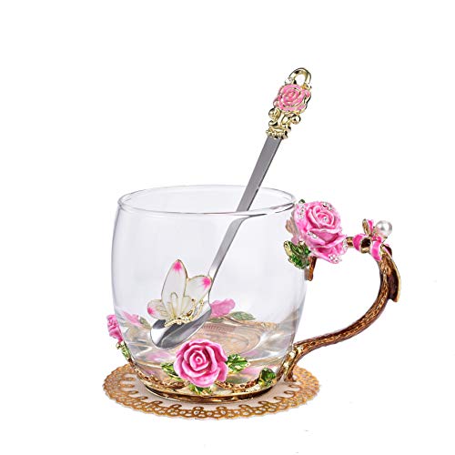 Suq I OME Emaille Teetasse Glas Kaffeetasse handgemachte Blume Tee Tasse für Frauen für Valentinstag, Geburtstag, Weihnachten, Hochzeitstag (rosarot, 313 ml kurz) von SUQ I OME