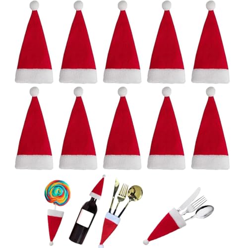 SURALIN 10 Stück Mini Weihnachtsmützen Weihnachtsbesteckhalter, Bestecktasche Weihnachtsmesser Gabel Löffel kleiner Weihnachtsweinflaschenverschluss von SURALIN