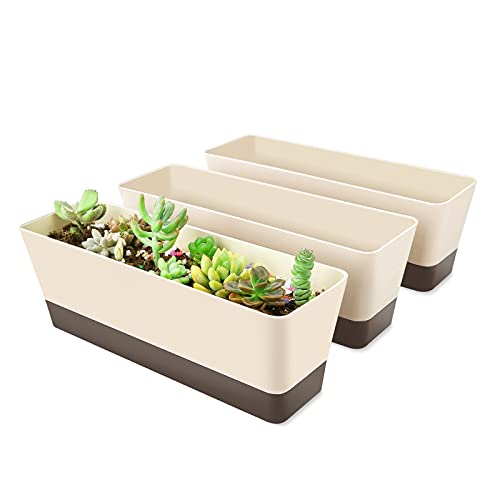 SUREAM Pflanzgefäß, 3 Stück, 30.5 x 9.5 cm, rechteckiger Kräutertopf mit Tablett, moderner Kleiner Blumentopf für Sukkulenten, Kaktus, Kunststoff, für Fensterbank, Garten, Heimbüro, Außendekoration von SUREAM