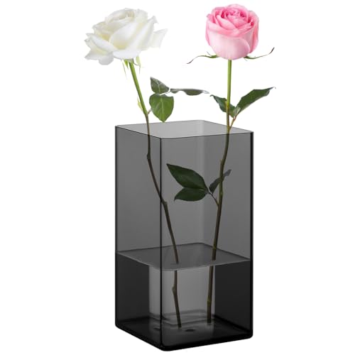 Suream Quadratische Vasen für Tafelaufsätze, 10 x 20 cm (B x H), Kunststoffvasen für Blumen, Pflanzen, Bambus, Rosen, Dunkelgrau von SUREAM