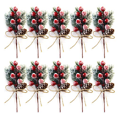 10 Stück rote Weihnachtsbeeren Stiele 15 cm kleine künstliche Kiefernspieße und Sprays Weihnachtsbeeren-Picks mit Tannenzapfen Stechpalmenbeere Weihnachtsblumen-Ornamente für Weihnachtskränze von SUREH