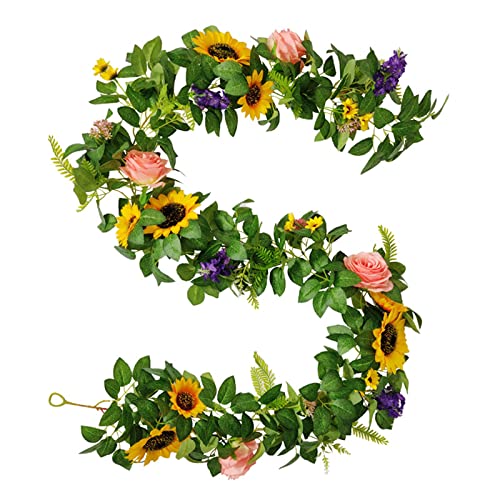 Künstliche Sonnenblumengirlande, 190 cm, Gelbe Sonnenblumen-Blumenranke mit Grünen Blättern, Seiden-Sonnenblumen-Hängegirlande für Hochzeit, Party, Tischdekoration(#1) von SUREH