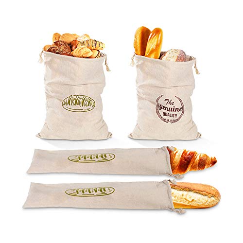 Sureh 4 x Leinen-Brotbeutel, wiederverwendbar, mit Kordelzug, groß, ungebleicht, Beutel für Brot, Baguette, selbstgemachtes Brot und weitere Lebensmittel von SUREH