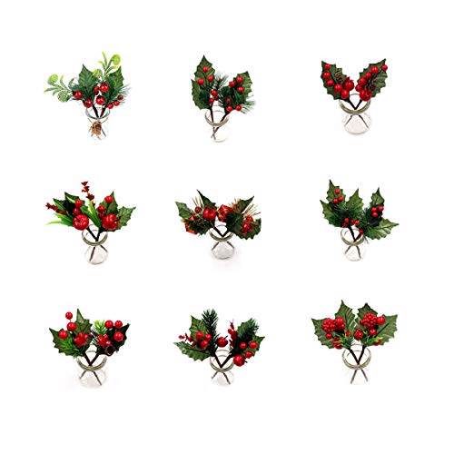 SUREH 9pick Stechpalmen-Weihnachts-rote Beeren, 16,5 cm, künstliche rote Stechpalmenblätter, Beeren-Stiele für Urlaub, Basteln, Weihnachtsbaum und Kranz von SUREH