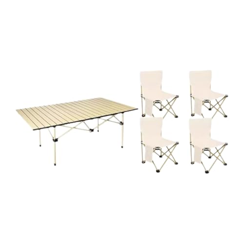 SUREK Kohlenstoffstahl-Campingtisch Tragbare Picknick-Campingtische Ultraleichter Klapptisch und Stuhl(Beige+4 Chairs) von SUREK