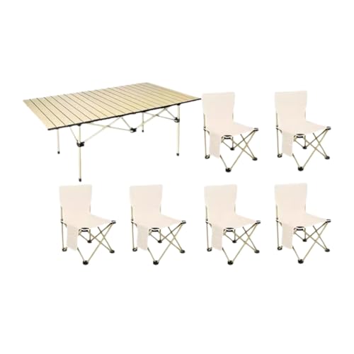 SUREK Kohlenstoffstahl-Campingtisch Tragbare Picknick-Campingtische Ultraleichter Klapptisch und Stuhl(Beige+6 Chairs) von SUREK