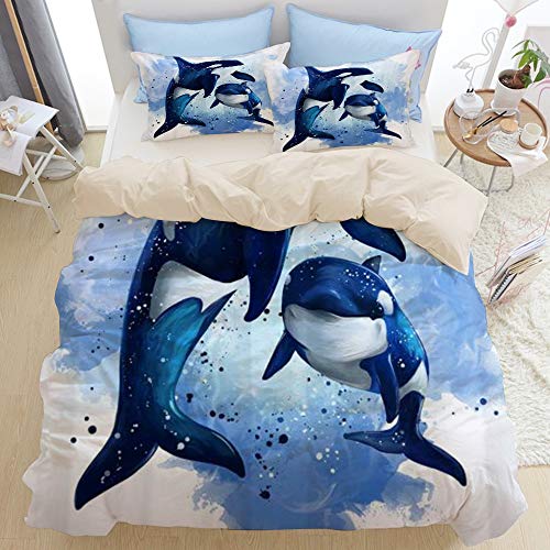 SURERUIM Bedding Bettwäsche-Set - Zwei Killerwale im Ozean-Aquarell-Malstil - Dekoration gebürstete Mikrofaser Bettbezug und Kissenbezuge (135x200cm + 2 x Kissenbezuge 80x80cm) mit Reißverschluss von SURERUIM