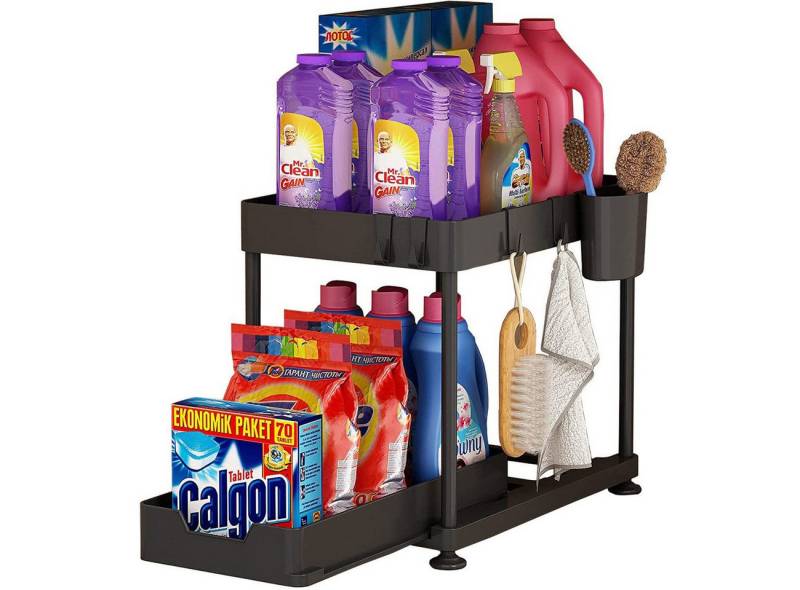 SURFOU Ablageregal Arbeitsplatte Badezimmer Schubladen Küchen Organizer Regal, Multifunktionales Spülschrankregal mit Schublade, 4 Haken und 1 Tassen, 2-Stufiges Lagerregal mit Ausziehbaren Schubladen von SURFOU