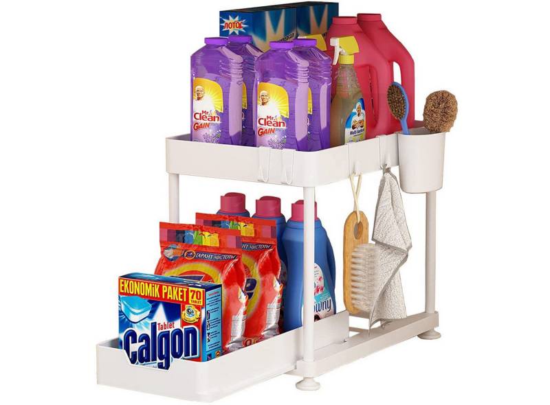 SURFOU Ablageregal Arbeitsplatte Badezimmer Schubladen Küchen Organizer Regal, Multifunktionales Spülschrankregal mit Schublade, 4 Haken und 1 Tassen, 2-Stufiges Lagerregal mit Ausziehbaren Schubladen SURFOU Ablageregal Arbeitsplatte Badezimmer Schubladen Küchen Organizer Regal, Multifunktionales Spülschrankregal mit Schublade, 4 Haken und 1 Tassen, 2-Stufiges Lagerregal mit Ausziehbaren Schubladen von SURFOU