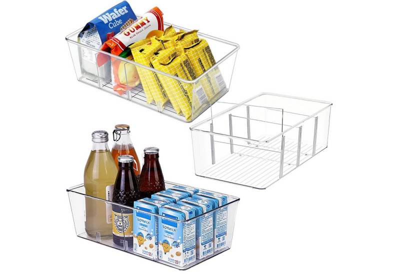 SURFOU Aufbewahrungsbox 3er-Set Kühlschrank Organizer mit Trennwänden – stapelbare Snackboxen (BPA-freie Snack Containers mit 4 Fächern (26,5x15,5x9 cm), Transparent & Platzsparend, Snack Organizer, Cabinet Organizer, Gewürze Organizer, 3 St., Für Kühlschrank, Gefrierschrank & Vorrat) von SURFOU