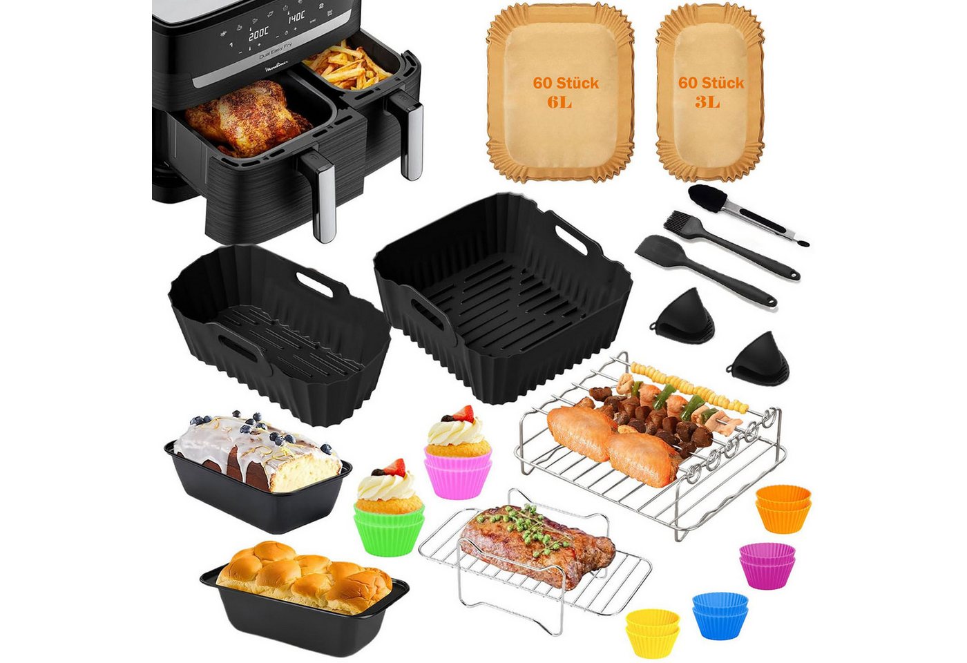 SURFOU Backform Heißluftfritteuse Zubehör 23-tlg set für Tefal Dual Easy Fry EY9018, (24-tlg Heißluftfritteuse Zubehör Set, 120 st. backpapier für Tefal EY9018 & weitere Dual-Airfryer, Tower T17099, Salter EK5729 – ideal für 3,1L + 5,2L Air Fryer. 24-tlg), Isolate oil stains, Schnell zubereitet, gesund, fettarm von SURFOU