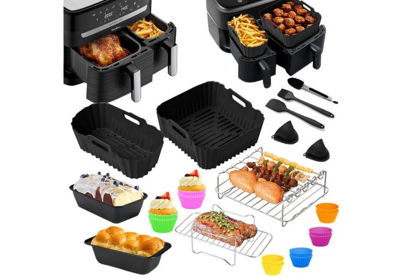 SURFOU Backform Heißluftfritteuse Zubehör 29-tlg set für Tefal Dual Easy Fry EY9018, (29-tlg Heißluftfritteuse Zubehör Set für Tefal EY9018 & weitere Dual-Airfryer, Tower T17099, Salter EK5729 – ideal für 3,1L + 5,2L Air Fryer, inklu. Silikonformen, Muffinförmchen, Backformen, Grillrost, Edelstahlspieße, Spießhalter, Silikonhandschuhe, Silikonzange, Öl-Pinsel, Ölsprüher 29-tlg 29-tlg), Schnell zubereitet, gesund, fettarm SURFOU Backform Heißluftfritteuse Zubehör 29-tlg set für Tefal Dual Easy Fry EY9018, (29-tlg Heißluftfritteuse Zubehör Set für Tefal EY9018 & weitere Dual-Airfryer, Tower T17099, Salter EK5729 – ideal für 3,1L + 5,2L Air Fryer, inklu. Silikonformen, Muffinförmchen, Backformen, Grillrost, Edelstahlspieße, Spießhalter, Silikonhandschuhe, Silikonzange, Öl-Pinsel, Ölsprüher 29-tlg 29-tlg), Schnell zubereitet, gesund, fettarm von SURFOU