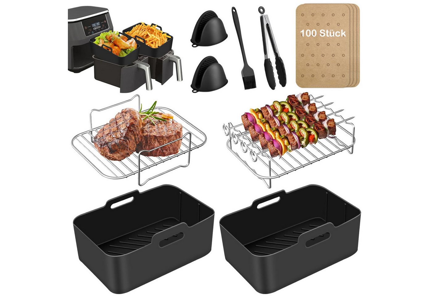 SURFOU Backform Heißluftfritteuse zubehör airfryer zubehör 15-teilig BPA-frei fürNinja, (für Ninja Foodi AF300EU AF400EU 7,6L-9,5L und die meisten Dual Zone Heißluftfritteusen, Schnell zubereitet, gesund, fettarm, 304Edelstahl, Lebensmittelechtes Silikon, BPA-Frei 13-tlg), Silikonformen Metallspießhalter Spießhalter Backpapier Ölsprüher von SURFOU