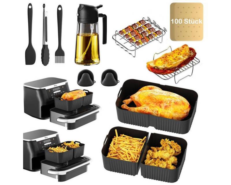 SURFOU Backform Heißluftfritteuse zubehör für Ninja Airfryer AF500EU 15-tlg BPA-frei, (Airfryer Zubehör Set für Ninja Foodi AF500EU& AF500EUCP, ninja foodi flexdrawer 10,4L,COSORI TwinFry 10L – 3 Silikonmatten & 12-teiliges Set, 10,4L, 5,2L, hitzebeständig bis 230 °C, Schnell zubereitet, gesund, fettarm, 304Edelstahl, Lebensmittelechtes Silikon 16-tlg), für Grillgerichte, Brathähnchen, Pommes Frites, Kuchen, Snacks von SURFOU