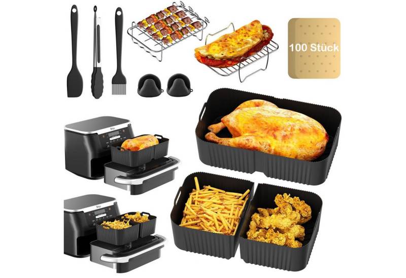 SURFOU Backform Heißluftfritteuse zubehör für Ninja Airfryer AF500EU 15-tlg BPA-frei, (Airfryer Zubehör Set für Ninja Foodi AF500EU& AF500EUCP, ninja foodi flexdrawer 10,4L,COSORI TwinFry 10L – 3 Silikonmatten & 12-teiliges Set, 10,4L, 5,2L, hitzebeständig bis 240 °C, Schnell zubereitet, gesund, fettarm, 304Edelstahl, Lebensmittelechtes Silikon 15-tlg), für Grillgerichte, Brathähnchen, Pommes Frites, Kuchen, Snacks von SURFOU