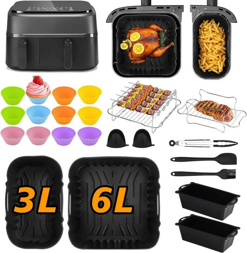 SURFOU Backform Heißluftfritteuse zubehör für Philips airfryer zubehör 28-tlg BPA-frei, (28-tlg Heißluftfritteuse Zubehör Set für Philips Airfryer Dual Basket 3000/5000 Serie(z. B. NA350/00, NA352/04), und Tefal EY9018 Dual Easy Fry, und die meisten Dual Zone Heißluftfritteusen(3L+6L), Silikonformen, Muffinförmchen, Backformen, Grillrost, Edelstahlspieße, Spießhalter, Silikonhandschuhe, Silikonzange, Öl-Pinsel 28-tlg), Schnell zubereitet, gesund, fettarm von SURFOU