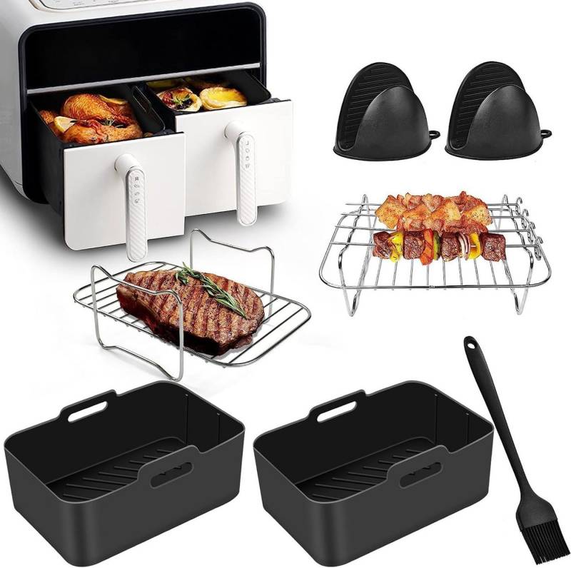 SURFOU Backform Heißluftfritteuse zubehör fürNinja airfryer zubehör 12-teilig BPA-frei, (für Ninja Foodi AF300EU AF400EU 7,6L-9,5L und die meisten Dual Zone Heißluftfritteusen, Schnell zubereitet, gesund, fettarm, 304Edelstahl, Lebensmittelechtes Silikon 11-tlg), Das Rösten von Pommes, Spießen, Gemüse, Kuchen von SURFOU