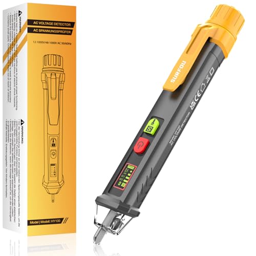 SURFOU Berührungsloser Spannungsprüfer, Kontaktloser Stromprüfer AC 12v/48v-1000v mit NCV, LED-licht, Akustischem Alarm, Kabelbruchfinder und Live/Nullleiter-Erkennung von SURFOU