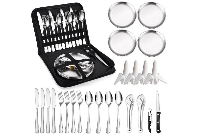 SURFOU Besteck-Set Camping Geschirr Set 4 Personen, 24 Stück Camping Besteck Set, 4 Personen, Besteck Camping mit Löffel Gabel Messer Teller Clip für Camping,Reisen von SURFOU
