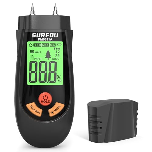 SURFOU Feuchtigkeitsmessgerät für Wand, Holz, Papier, Digitaler Feuchtigkeitsmesser mit 3 Modi & LED-Display mit 3-Farb-Alarm, Feuchtemessgerät für Bau, Heimwerker, Renovierung von SURFOU