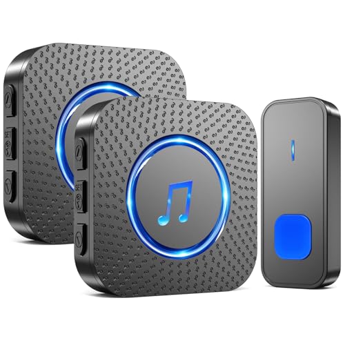 SURFOU Funkklingel, Kabellose Türklingel Funk Set 400m Reichweite Aussen Wasserdicht Haustür mit 2 Plug-in Empfänger mit LED Blinken, 5 Lautstärkestufen, 55 Melodien, Einfach in die Steckdose, Schwarz von SURFOU