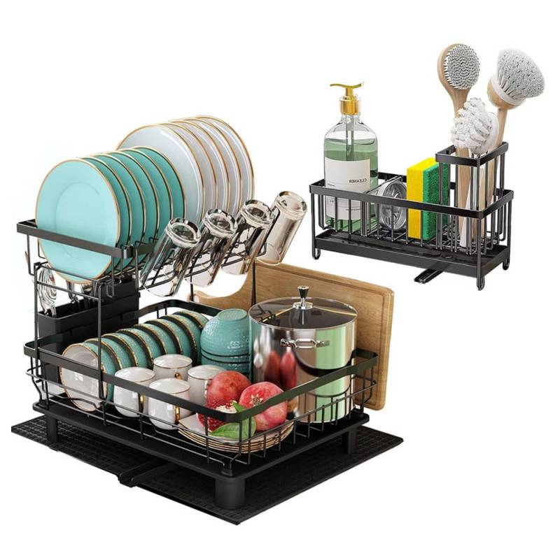 SURFOU Geschirrständer Geschirrabtropfgestell 2-Tier Abtropfgestell Spülbecken Organizer Set, Zubehör für ideal für Teller, Gläser, Töpfe und Besteck, Großer Stauraum, 360° drehbarem Ablaufrohr, rostfrei, antibakteriell und pflegeleicht, Hochwertiger Kohlenstoffstahl mit rostfreier Beschichtung, langlebig von SURFOU