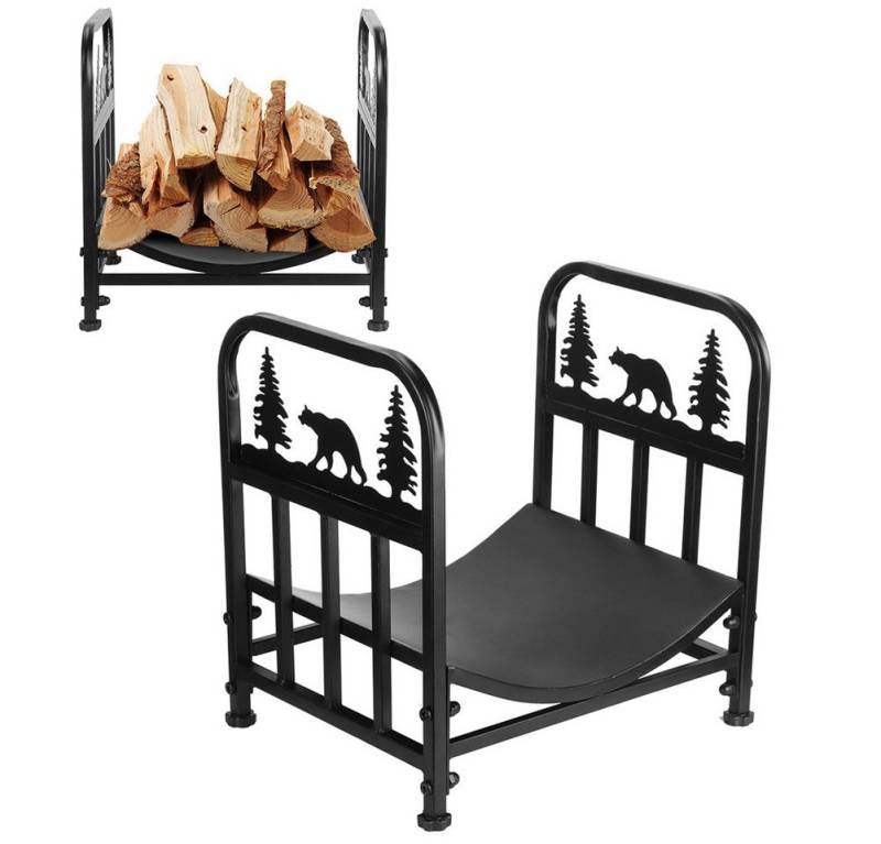 SURFOU Kaminholzregal Brennholzregal aus Stahl, Mini Holzablage für Innenbereich, Schwarz, (Stabiles Brennholzregal in Bärenform – Kompaktes Kaminholzgestell aus Metall für Innenbereich mit Werkzeug & verstellbaren Füßen-Freistehend & Platzsparend, 1-St) von SURFOU