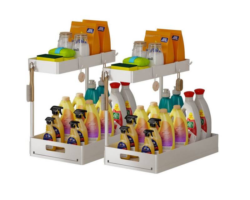 SURFOU Küchenregal Unterschrank Organizer Küchenregal Schrank Küchen Spülbecken Organizer, 2 Ebenen Putzmittel Teleskopschublade Organizer Arbeitsplatte Küche mit Haken, Unter Waschbecken Organizer, Rostfrei, für Küche und Bad von SURFOU