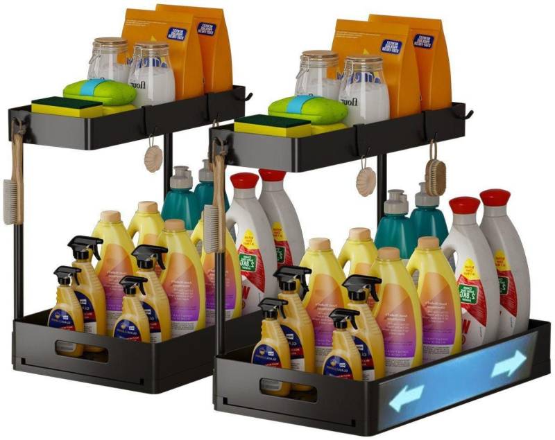 SURFOU Küchenregal Unterschrank Organizer Küchenregal Schrank Küchen Spülbecken Organizer, 2 Ebenen Putzmittel Teleskopschublade Organizer Arbeitsplatte Küche mit Haken, Unter Waschbecken Organizer, Rostfrei, für Küche und Bad von SURFOU