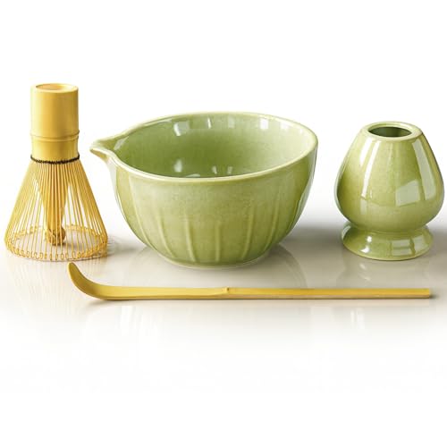 SURFOU Matcha Set 4 Stück, Matcha Schale mit Ausgießer, Bambus-Schneebesen, Schaufel & Besenständer, Leicht zu Reinigen, für Einsteiger, Matcha-Fans & zur Zubereitung von Milchkaffee-Liebhaber von SURFOU