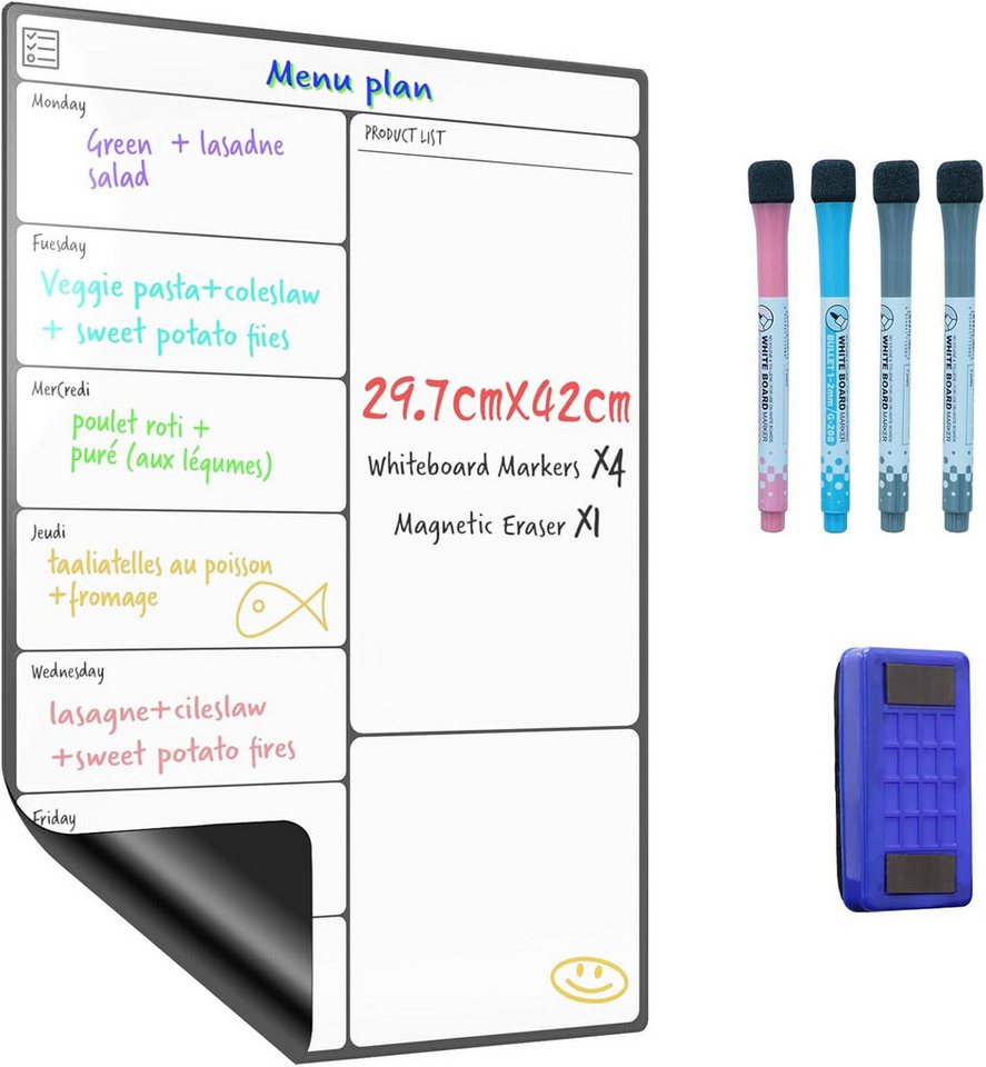 SURFOU Memoboard Magnetisches Whiteboard A3 Selbstklebend, Mit Wochenplaner & 4 Markern von SURFOU