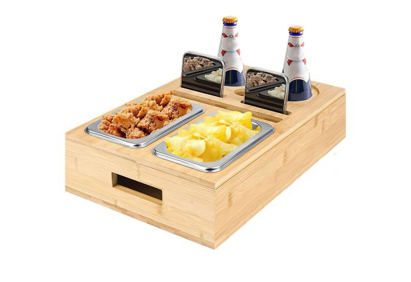 SURFOU Schüssel Snackbox mit Snackschalen aus Edelstahl und Zwei Untersetzern, (Tablett Holz Sofatablett Organizer Flaschenhalter mit Abnehmbarem), für Sofa Deko Couch Bar mit Getränkehalter Snackbox mit Fächern von SURFOU