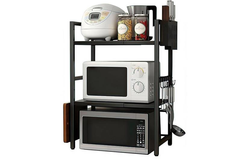 SURFOU Standregal Mikrowellen Regal 3-stufiges Mikrowellenständer Erweiterbares, mit 6 Haken Essstäbchenhalter Messerhalter Schneidebretthalter Küchenregal, für Küche und Aufbewahrung Mikrowellenhalter Kohlenstoffstahl von SURFOU